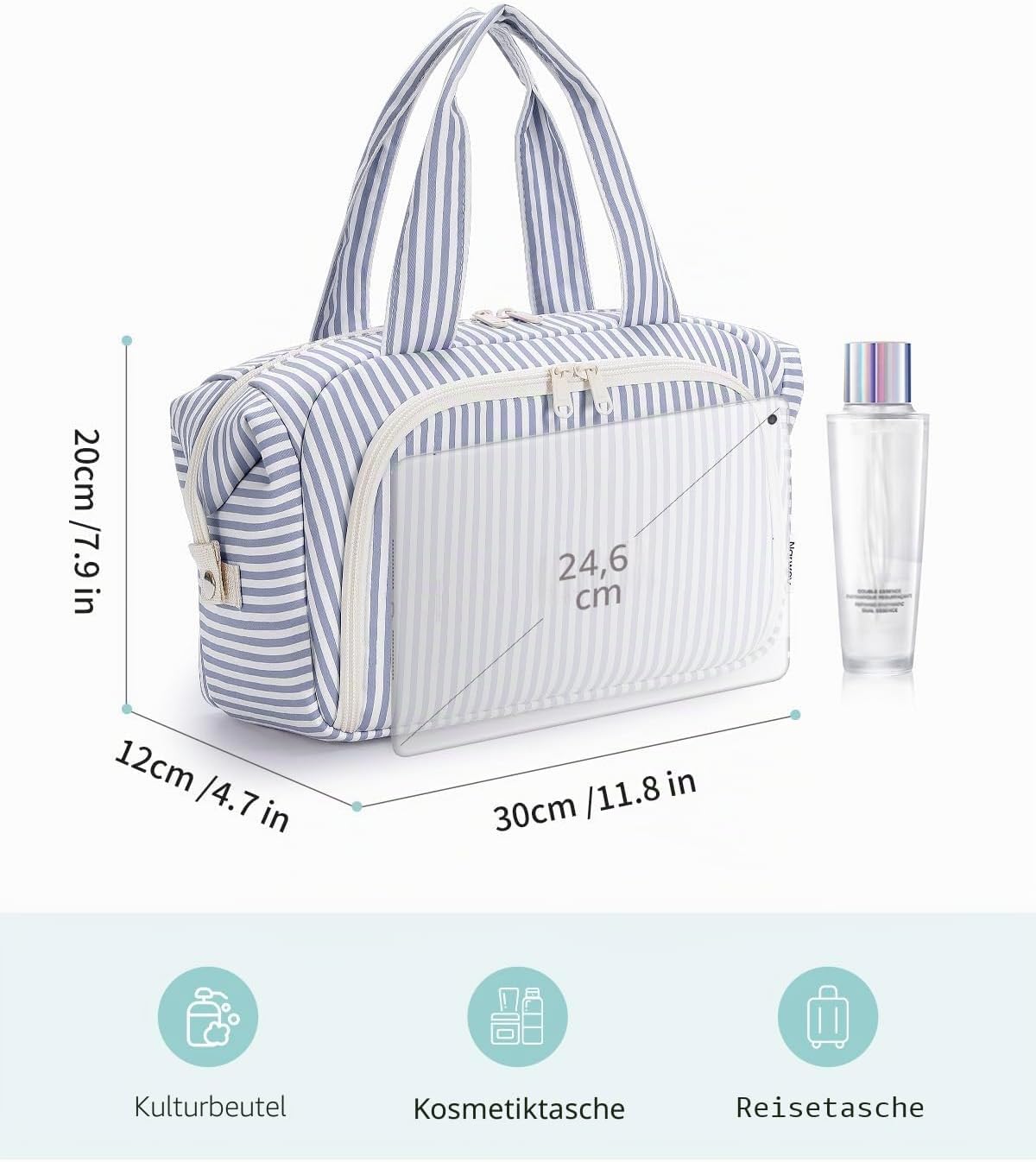 Thumbnail 6 de Narwey Großer Kulturtasche Damen – Kosmetiktasche Groß, wasserdicht, Reise-Organizer (Graublauer Streifen)