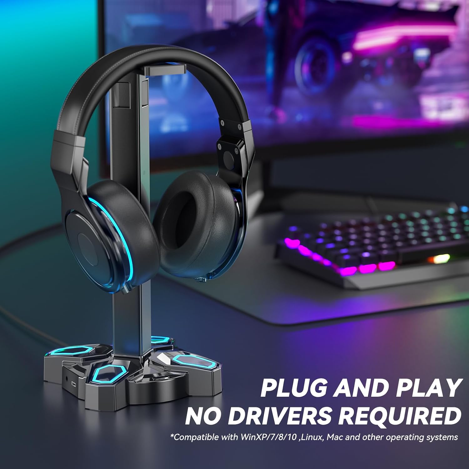 Detalle de KDD Gaming Headphones Stand with Rotatable Headset Holder, 9 Lighting Modes & 2 USB Ports