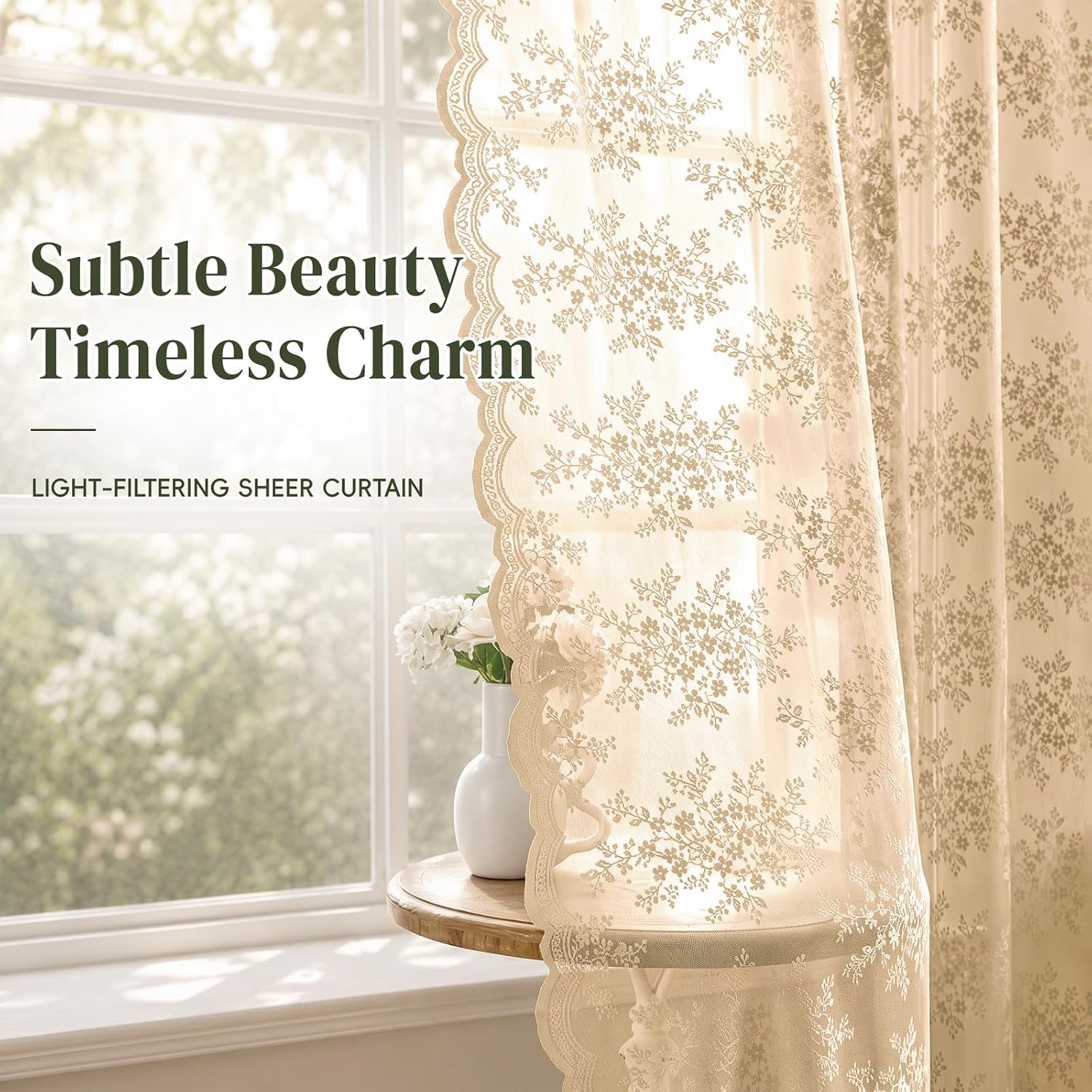 Detalle 2 de AJAZZ Beige Floral Lace Curtains, Set of 2 Panels (52 x 63 in): 2-in-1 No-Drill Light Filtering Sheer Curtains with Scalloped Edge