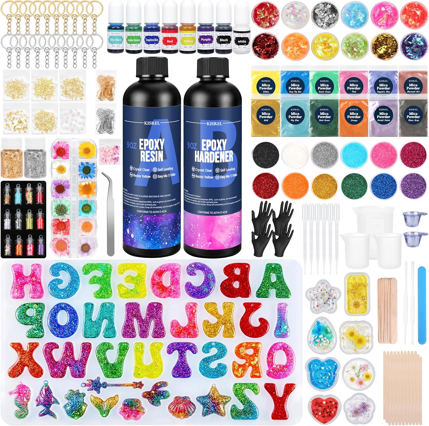 Detalle de KISREL 18 oz Epoxy Resin Kit with Alphabet Molds and Dried Flowers