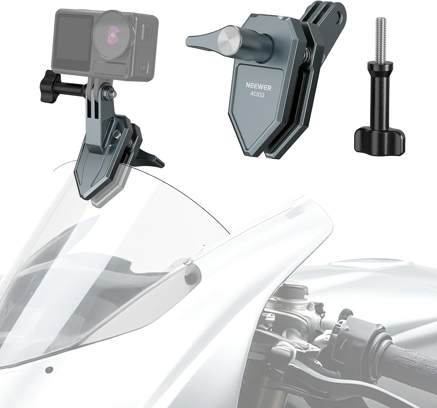 Detalle de NEEWER Action-Cam Klemmhalterung für Motorrad-Windschutzscheibe mit 3-poligem Adapter & 1/4-Zoll Schraubenloch