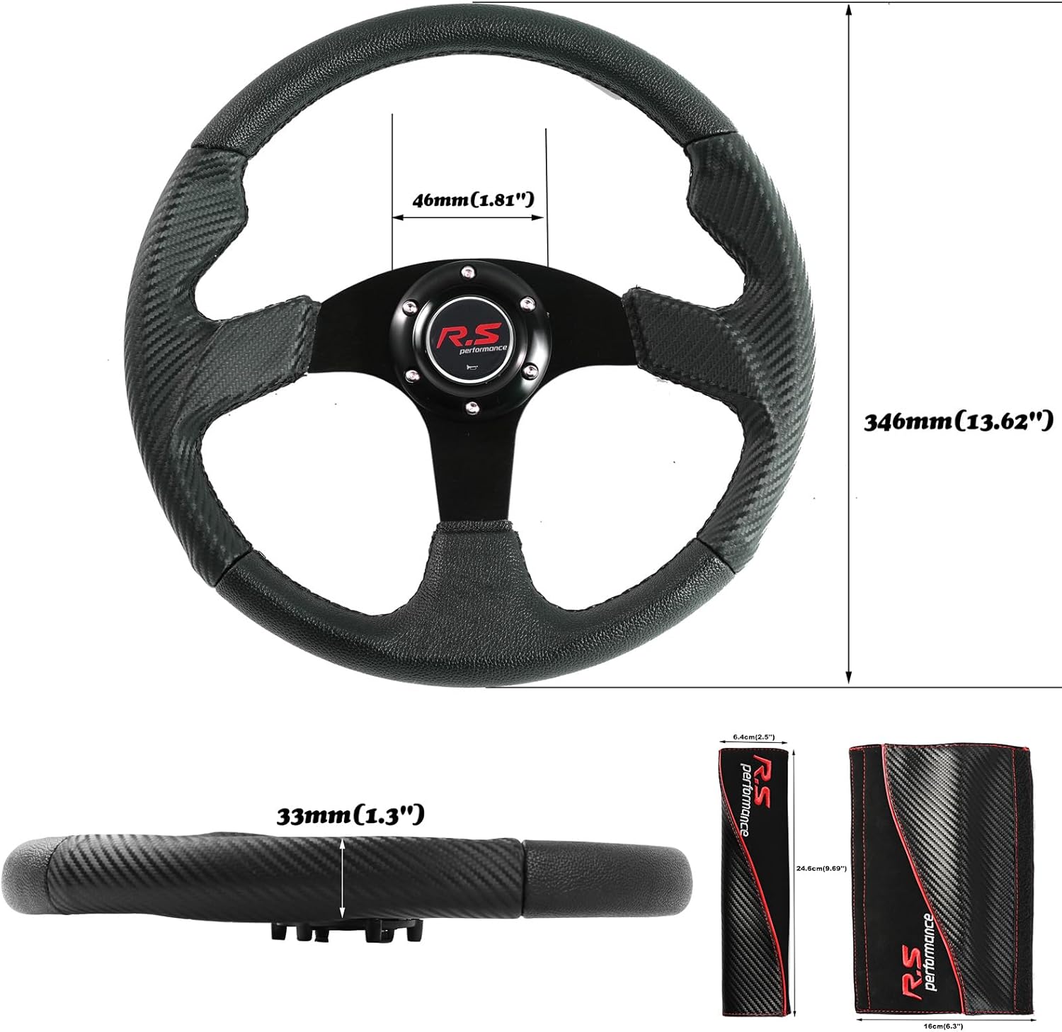 Detalle de AUTOXBERT 3PCS Racing Car Steering Wheel 350mm (14") – PVC Leather, 6-Bolt, Universal Fit