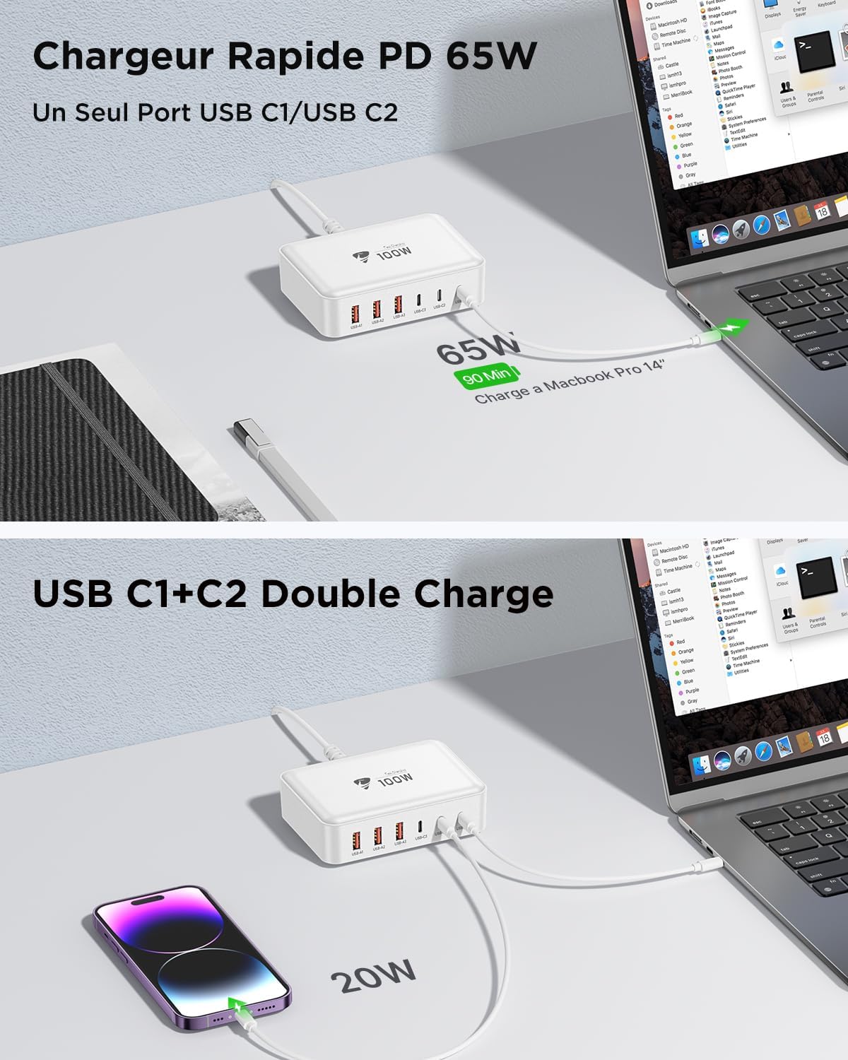 Thumbnail 3 de Chargeur USB-C 100 W 6 ports Aioneus (3 USB-C + 3 USB-A) avec charge rapide