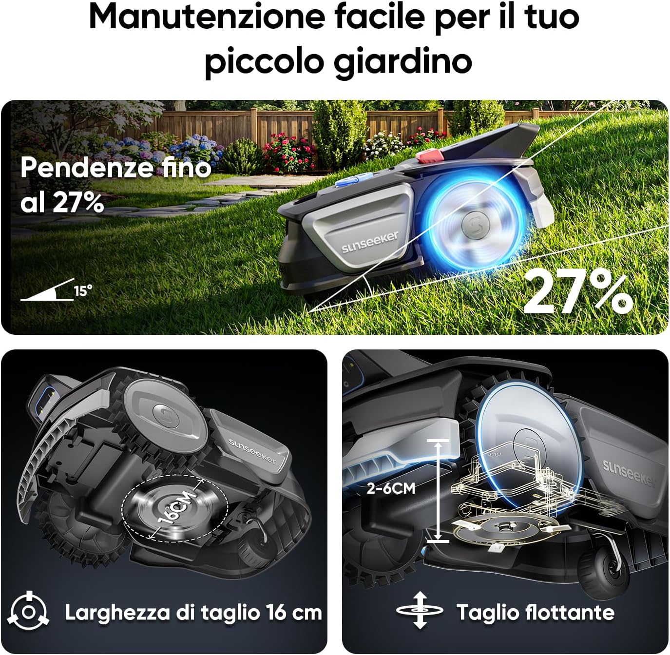 Detalle de Sunseeker V1 con Garage: robot tagliaerba senza filo per giardini fino a 300 m²