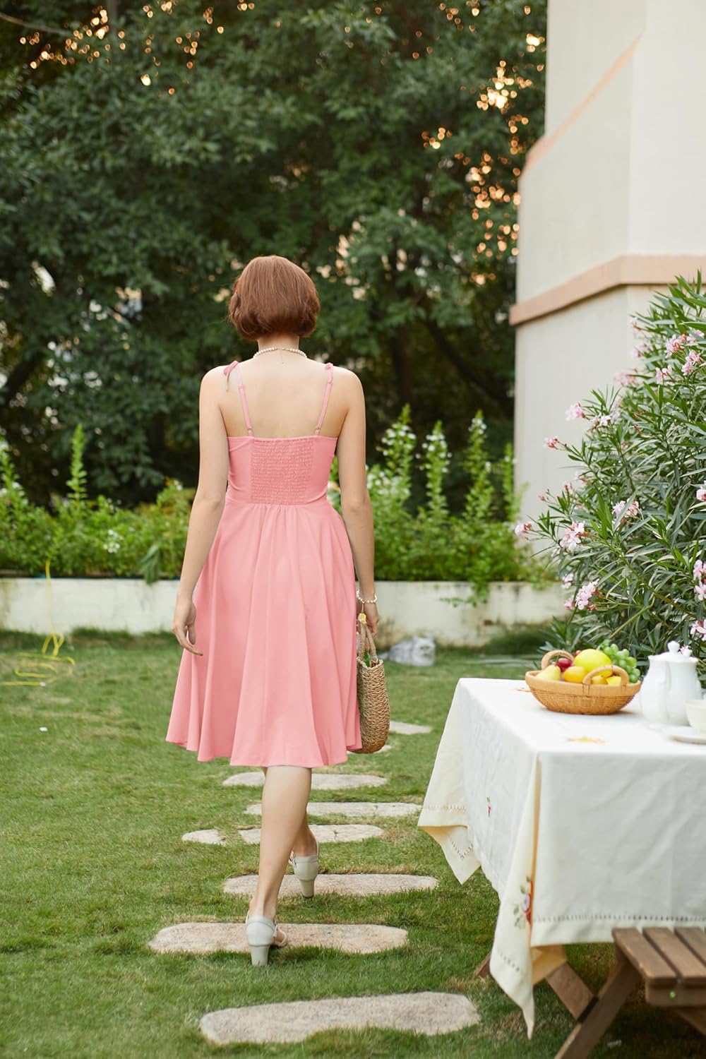 Detalle de Robe d'été Belle Poque pour femme – Robe midi à bretelles spaghetti, ligne A, poches et doublure
