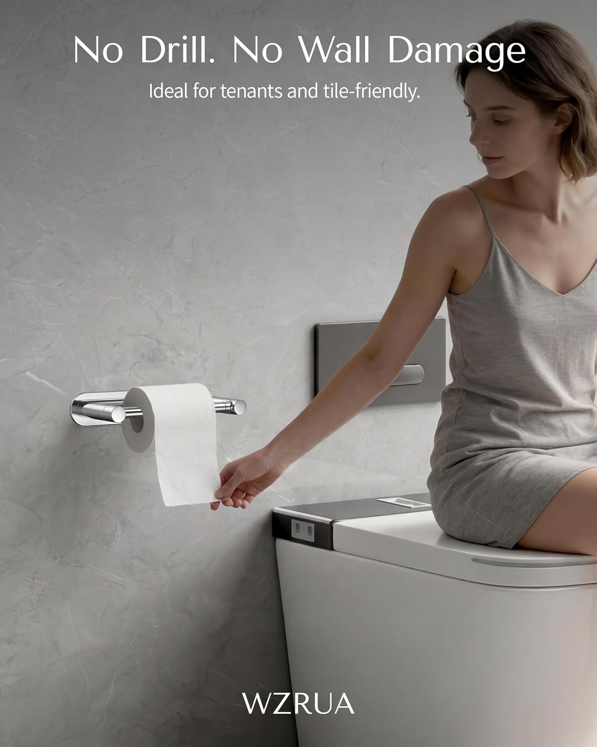 Detalle 2 de WZRUA self-adhesive double-post pivoting toilet roll holder (chrome stainless steel, no drilling)