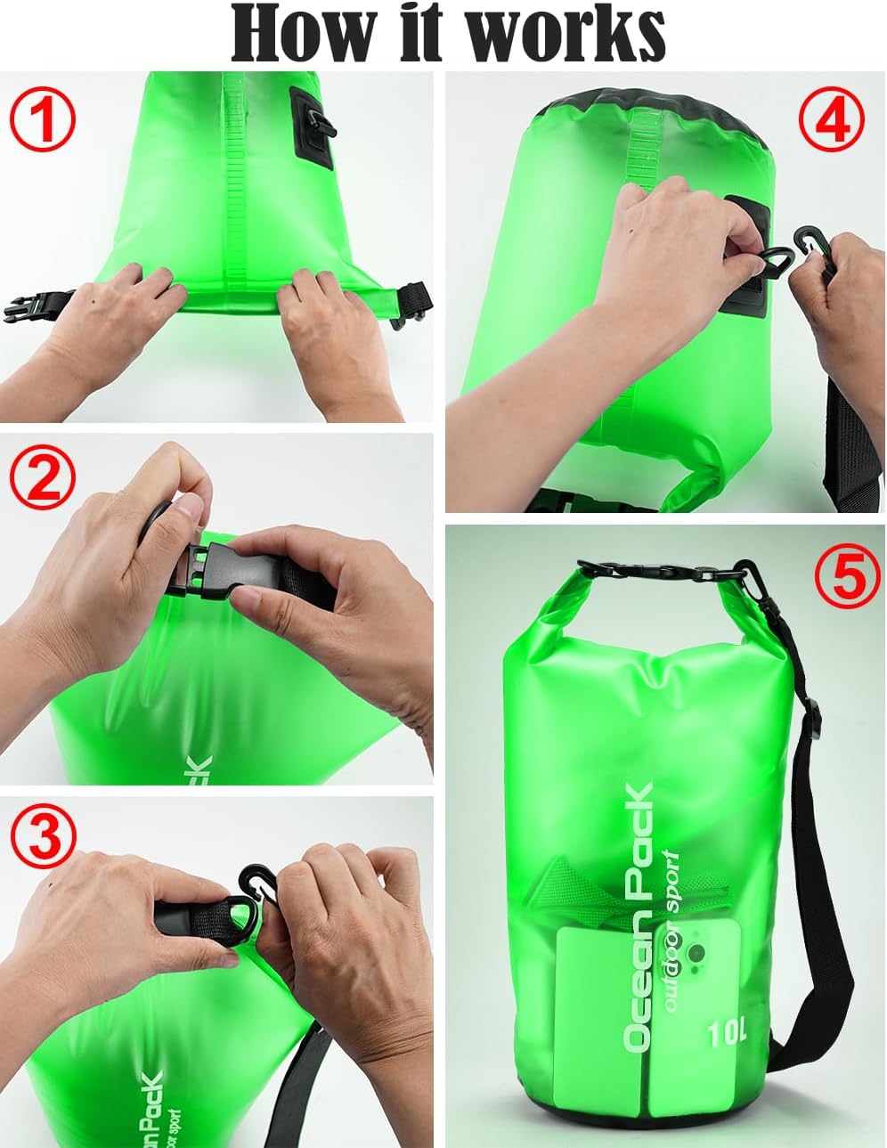 Thumbnail 5 de Henrycares Waterproof Dry Bag 20L / 10L / 5L – Durable PVC, Lightweight, with Phone Dry Bag and Adjustable Shoulder Strap (Green, 10L highlighted)