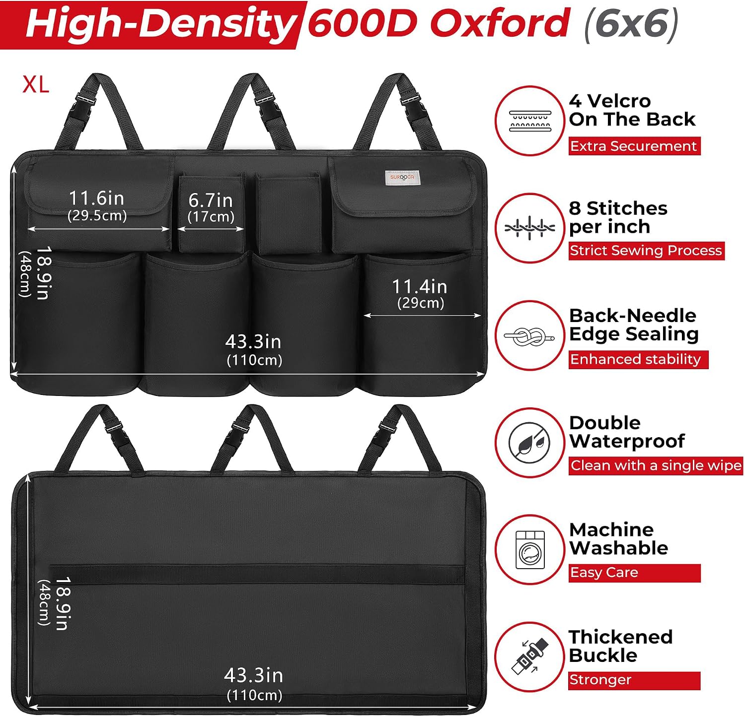 Detalle de SURDOCA Car Trunk Organizer – Large Capacity with 8 Pockets (43 x 19 in)