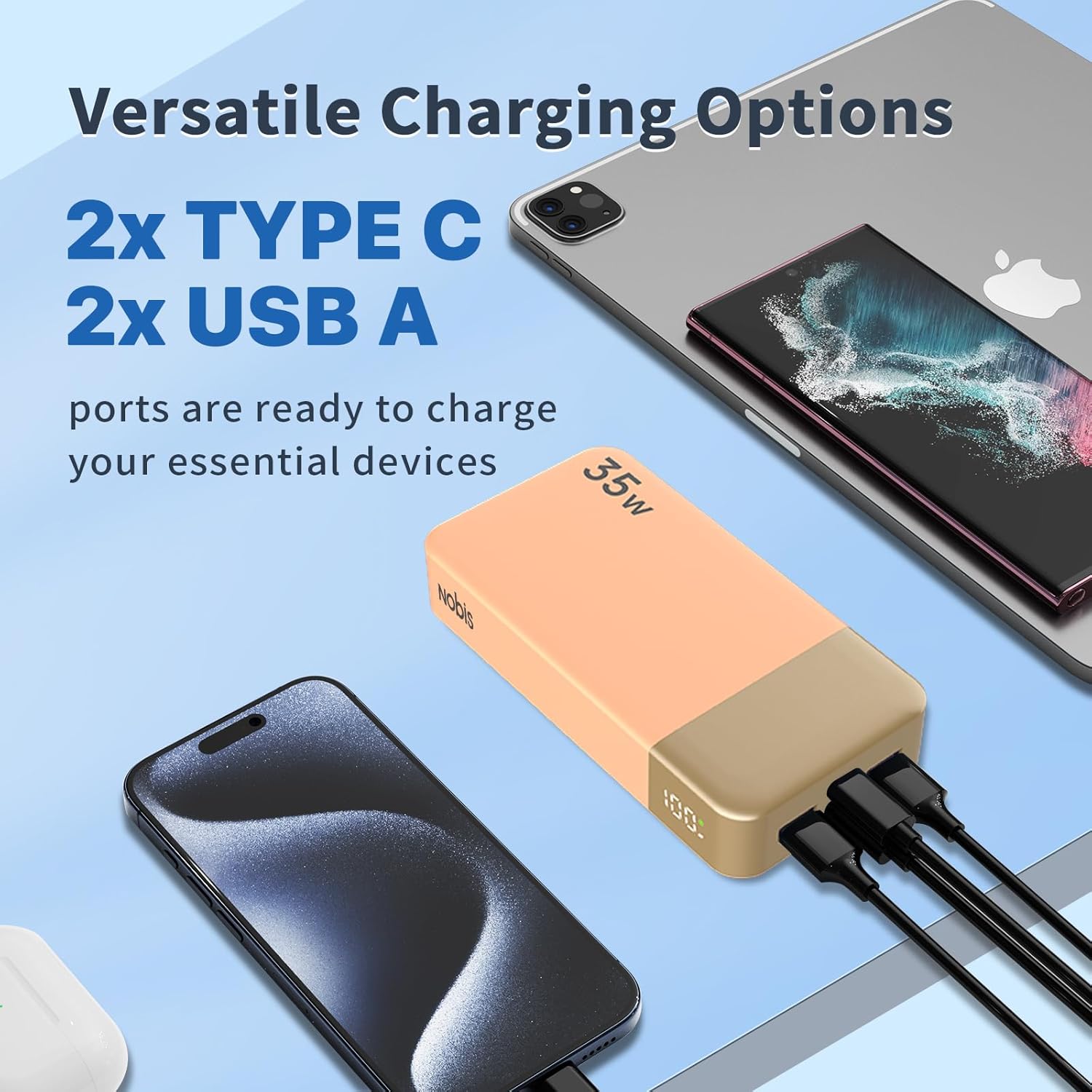 Detalle 2 de NOBIS Power Bank 20000mAh 35W PD QC4 con Display LED – Caricatore Portatile versatile (Arancione)