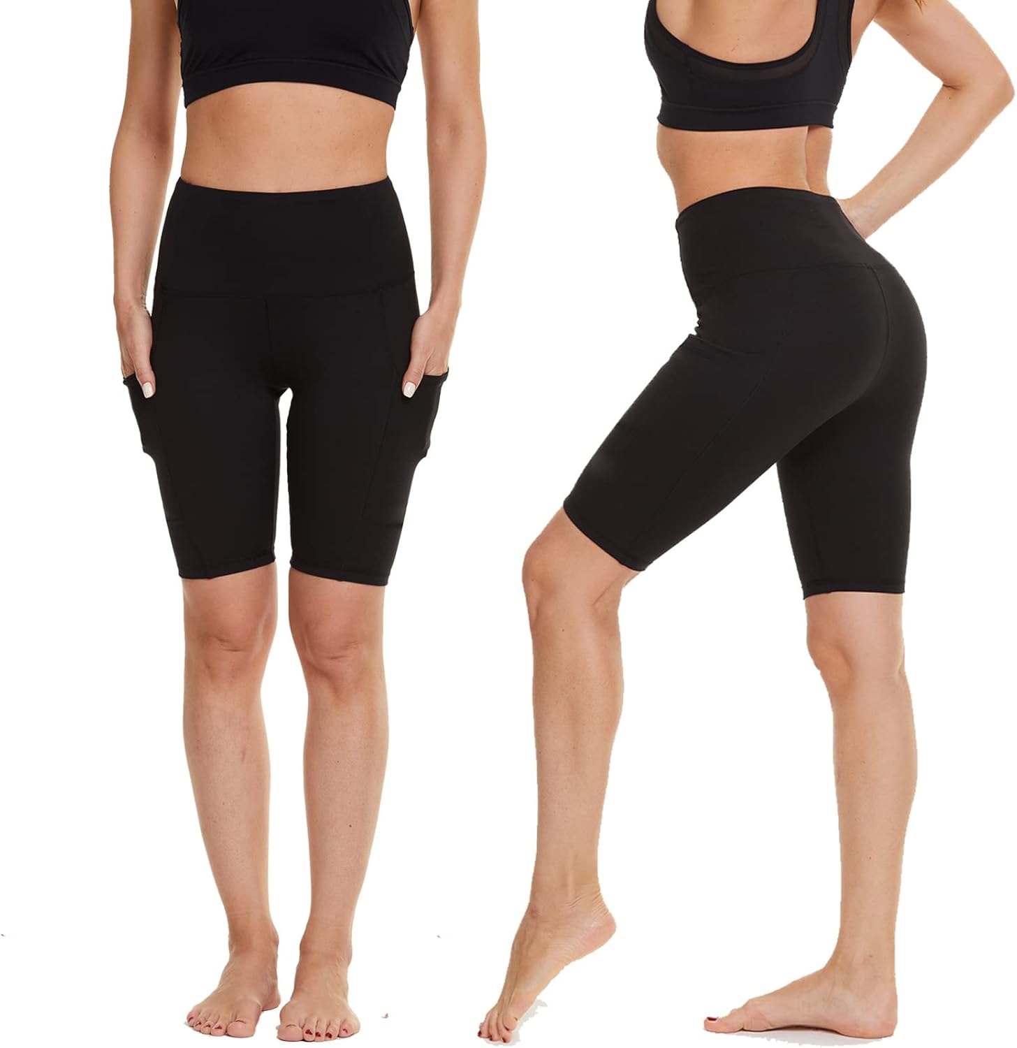 Detalle de AMIYOYO Damen Radlerhose mit Taschen – High-Waist Sportshort, blickdicht & dehnbar