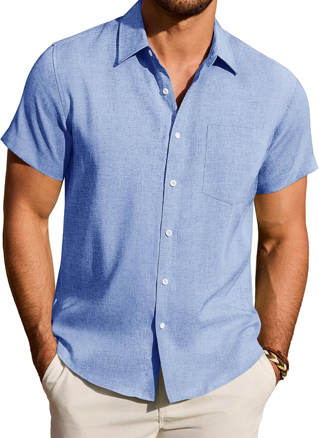 Detalle de Demeanor Linen Mens Short Sleeve Shirt – Lightweight, Breathable Linen Blend for Summer