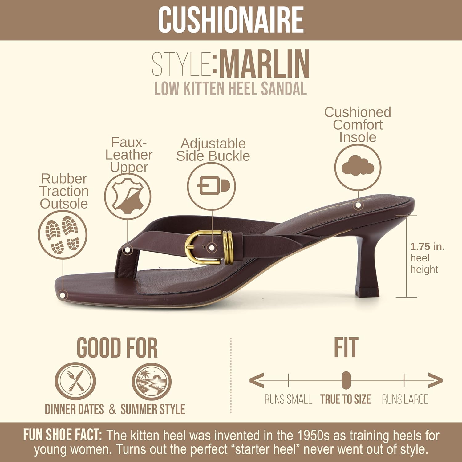 Detalle 2 de CUSHIONAIRE Marlin Low Kitten Heels for Women — Adjustable Buckle, Square Toe Thong Dress Sandals