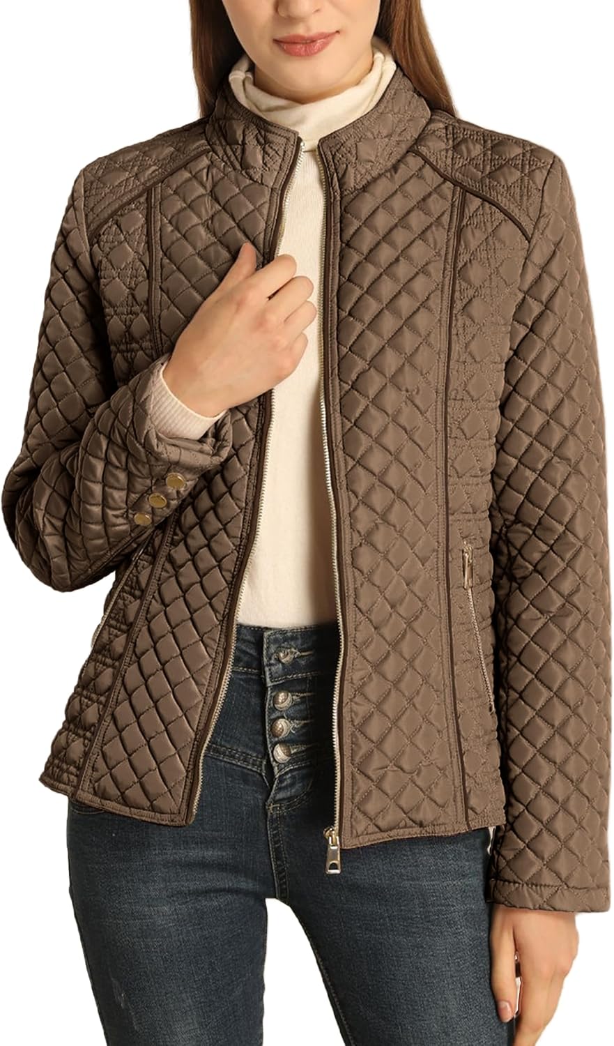 Detalle 2 de Bellivera Women’s Stand Collar Lightweight Quilted Puffer Jacket with Zip & Button Closures