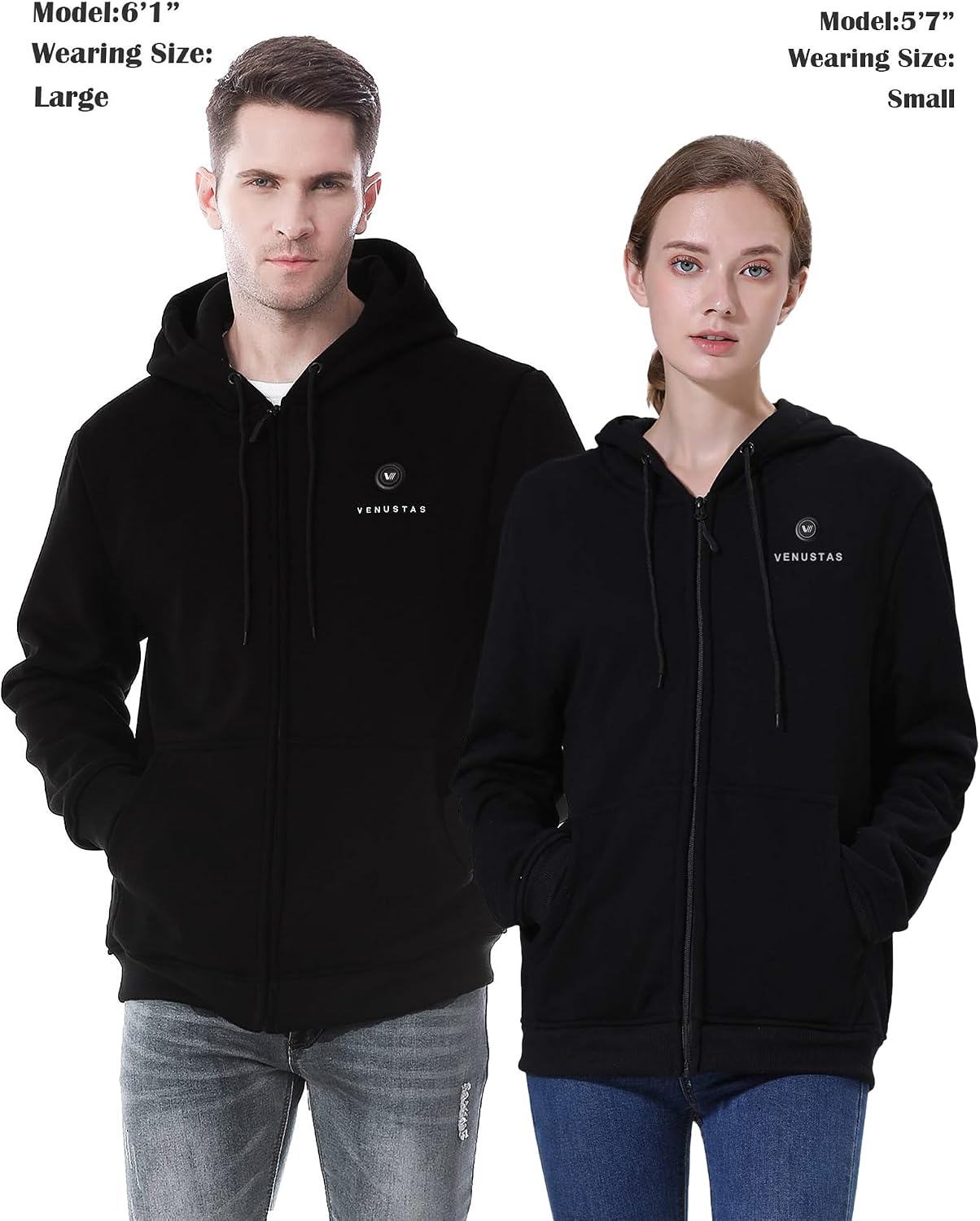 Detalle 2 de Venustas Venustas-6000 Unisex Heated Hoodie, Full-Zip, 5 Heating Zones
