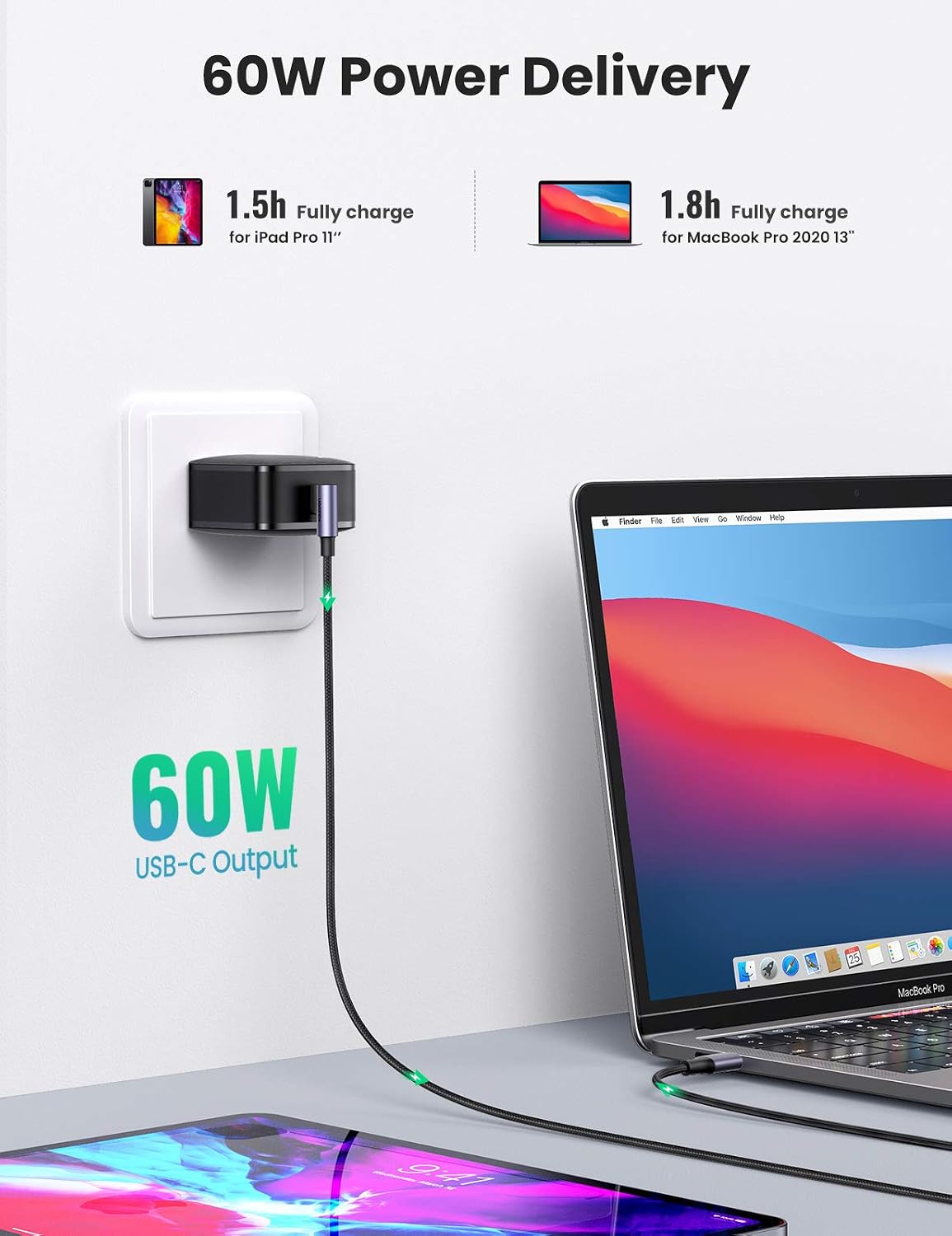 Thumbnail 1 de UGREEN 50125 USB-C to USB-C Cable, 60W, 2 m, Right-Angle Connector
