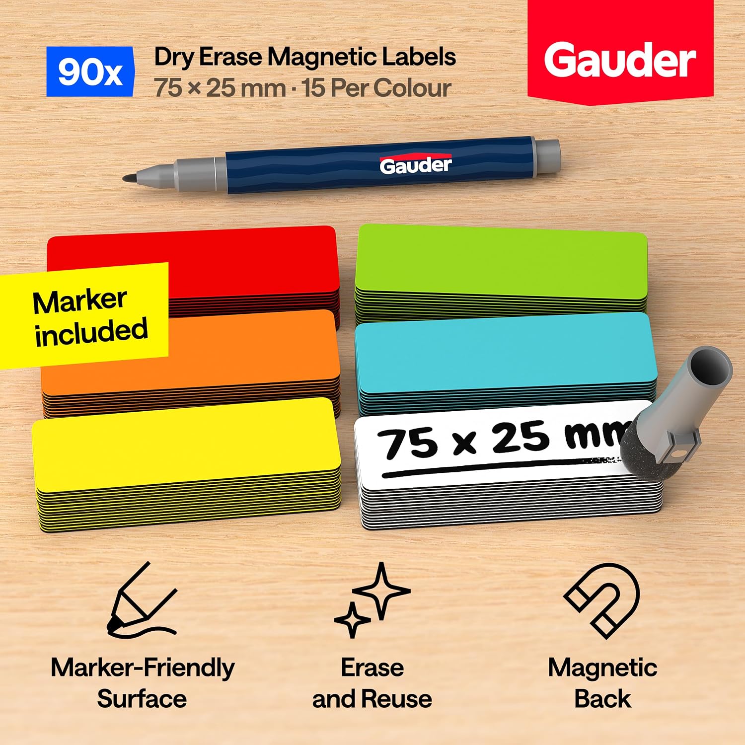 Detalle 2 de GAUDER Magnetic Labels Writable (75 x 25 mm) – Reusable magnet cards with marker, 90-piece set