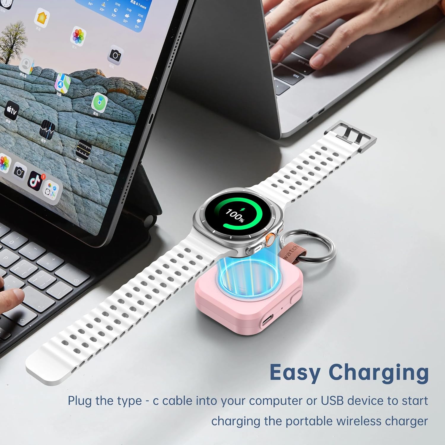 Thumbnail 5 de ACEQINGSE Portable 1200mAh Charger for Samsung Galaxy Watch (Pink) – Travel-friendly Magnetic USB-C Power Bank