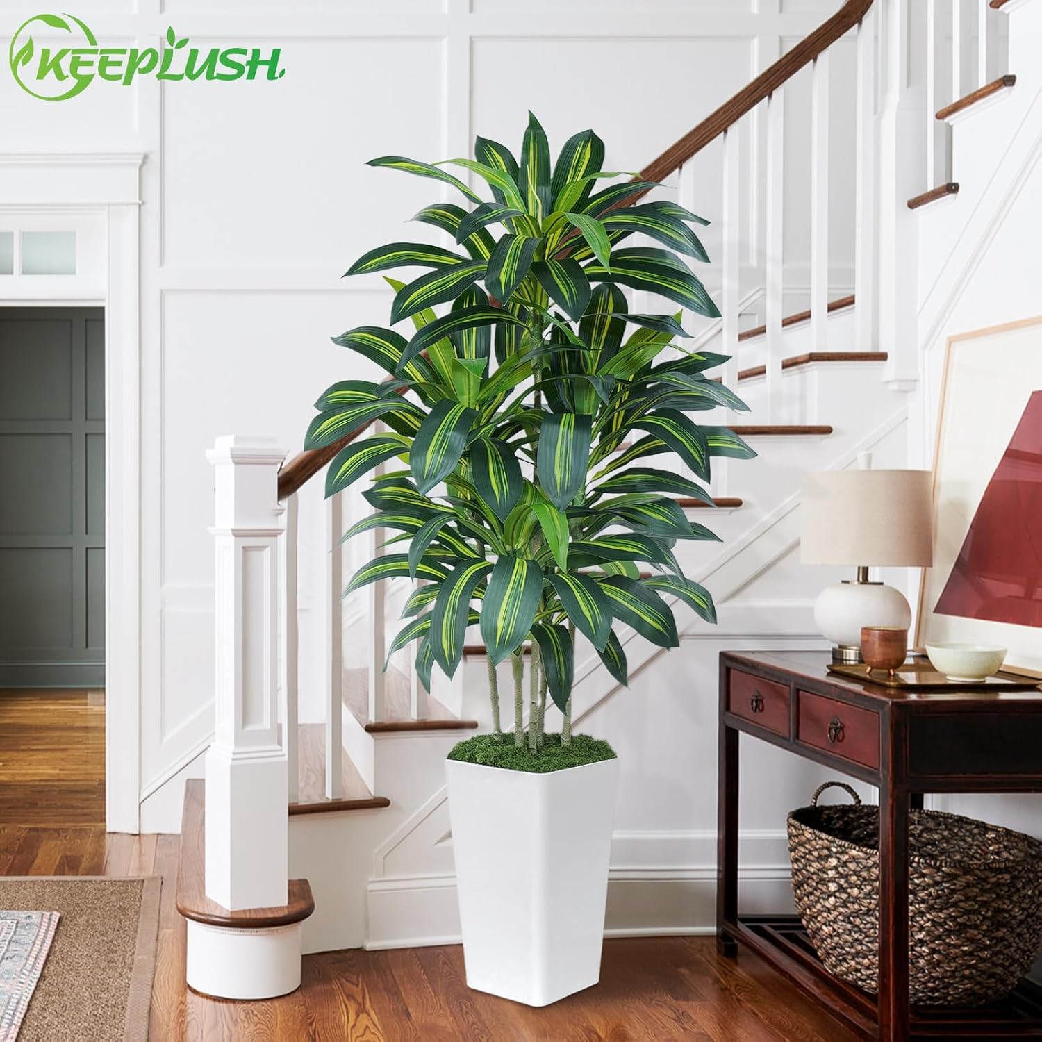 Detalle de Keeplush Dracaena Kunstpflanze 150 cm mit Weißem Pflanzgefäß – realistische Kunststoffpalme