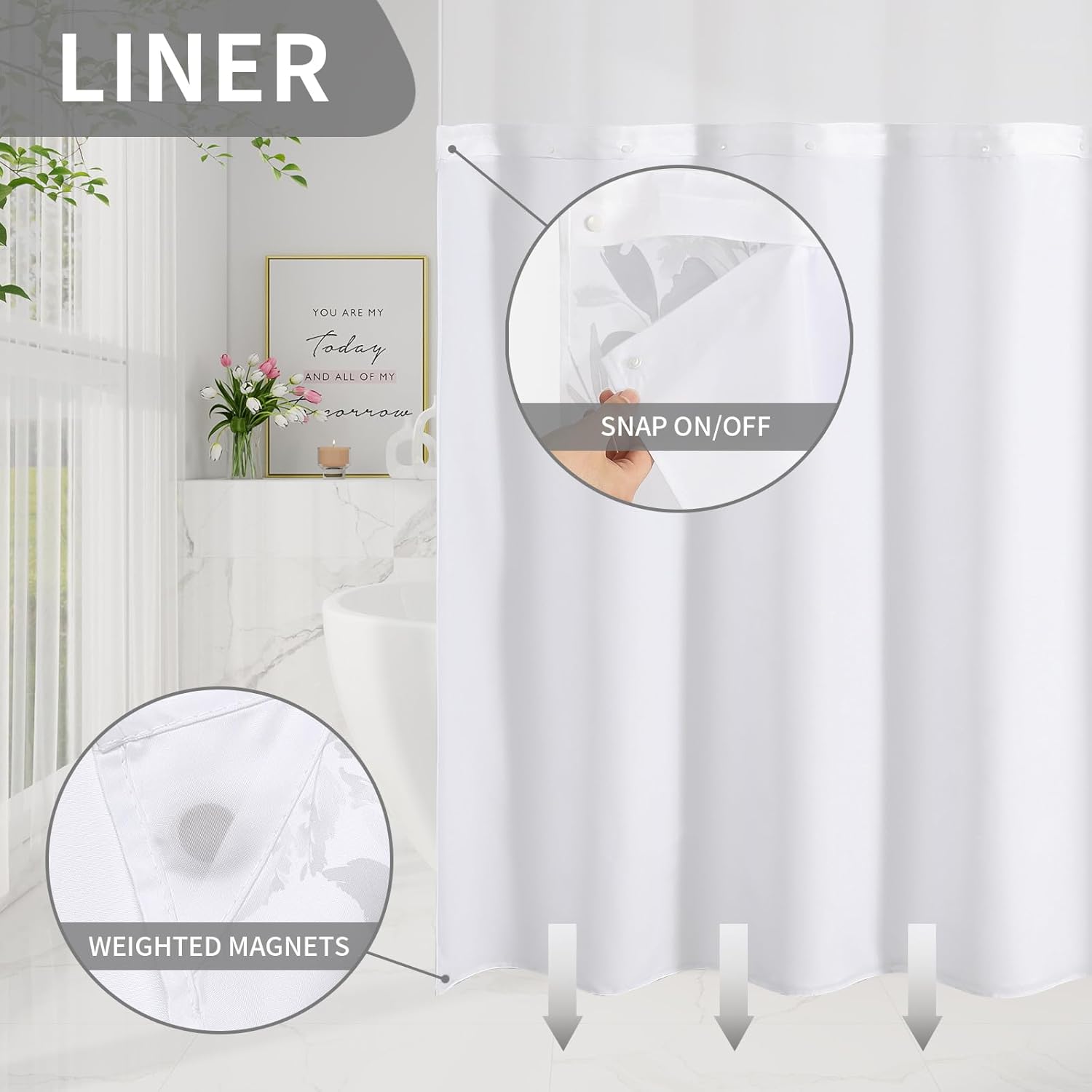 Detalle de Litabel No Hook Black Watercolor Floral Shower Curtain and Liner Set, 72x74