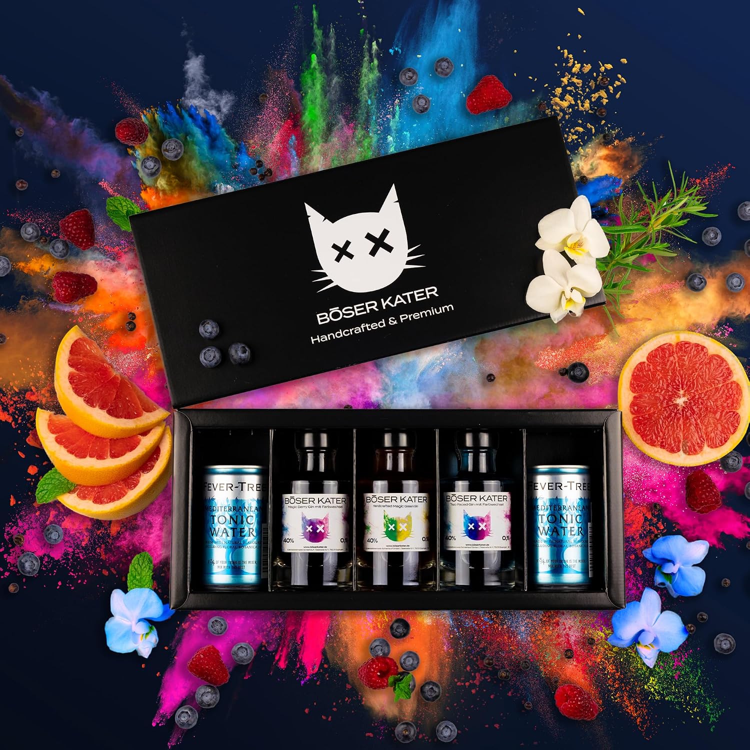 Detalle 2 de BÖSER KATER Farbwechsel Gin Tasting-Set – Geschenkbox mit 3 Sorten Farbwechsel Gin und Fever-Tree Tonic (bis zu 5 Personen)