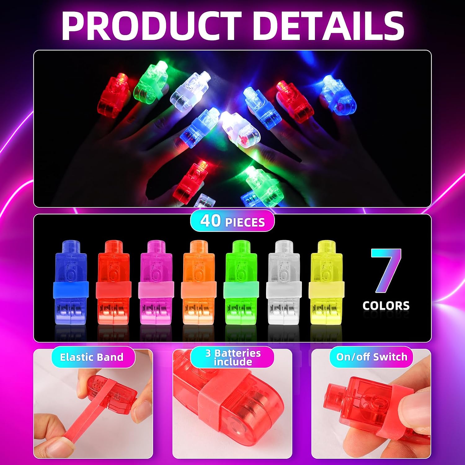 Detalle 2 de Indrnif LED-fingerlampor, 40-pack i fyra färger med knappcellsbatterier