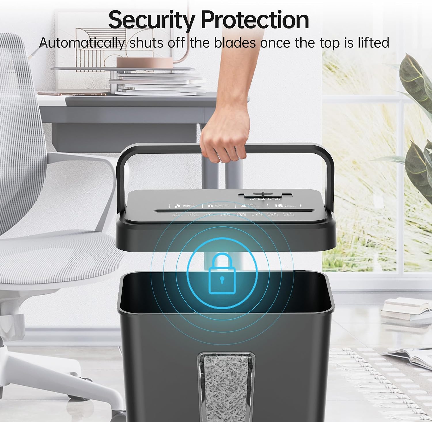 Detalle de Novodesk NOVO-AZ1693VC Cross-Cut Paper Shredder, P-4, 8-Sheet, 4.23-Gallon Bin