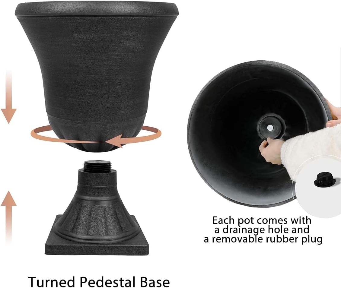 Detalle de Worth Tall Round Urn Planters, 2-Pack, Black, 22 in. with Drainage Plugs