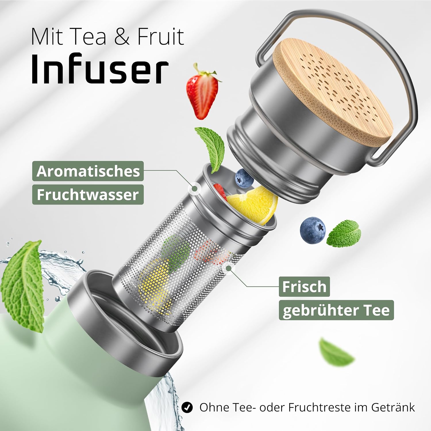 Thumbnail 4 de Edelstahl-Trinkflasche mit Strohhalm, Infuser & 3 Deckeln – für Sport, Fahrrad und unterwegs