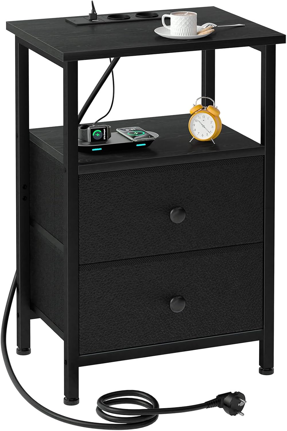 Detalle de AMHANCIBLE HETS020BK-1 nachtkastje met laadstation en 2 stoffen laden, zwart
