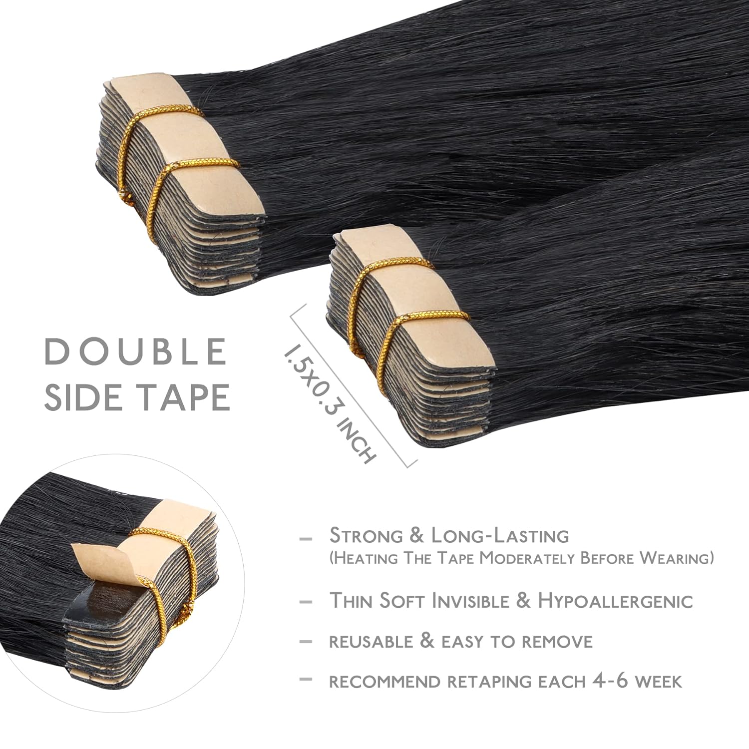 Thumbnail 2 de WENNALIFE Tape-In Hair Extensions: Remy Human Hair, Jet Black, 24" (20 pcs, 50g)