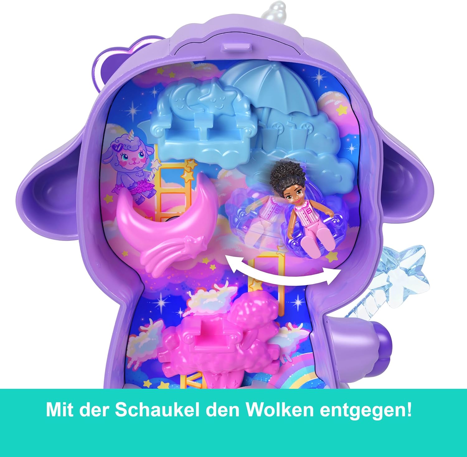 Detalle de Polly Pocket Traumland-Schatulle in Lammform – Reisespielzeug mit Minipuppe und Einhorn