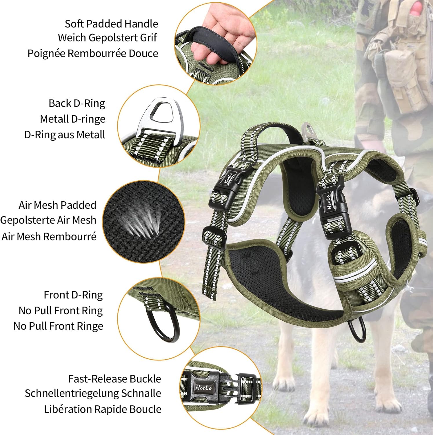 Detalle 2 de HEELE Dog Harness No Pull with Neck Release – Front and Back Clips, Reflective Padded Vest (XL) for Outdoor Walking