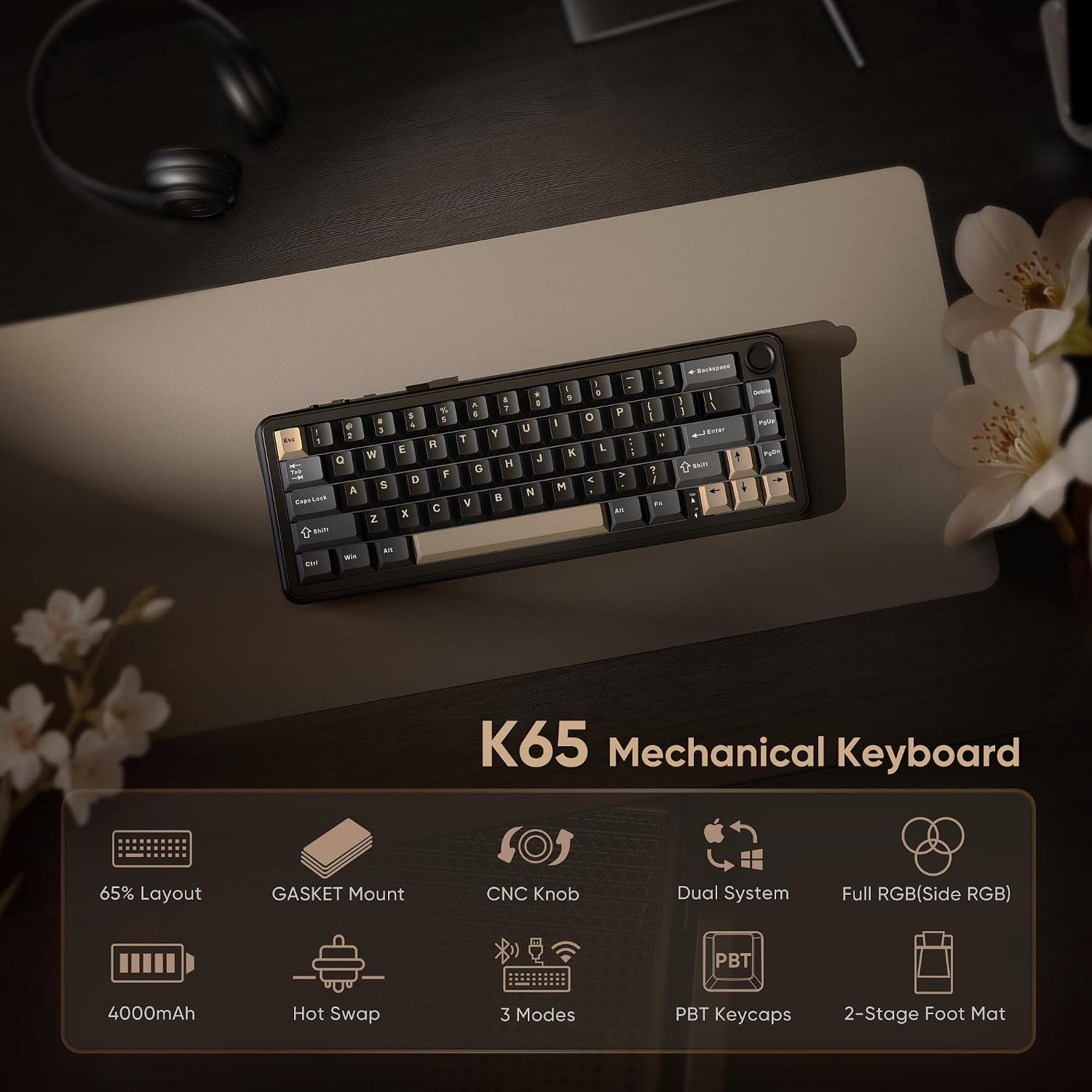 Thumbnail 1 de RedThunder K65 Wireless Mechanical Keyboard: 65% Tri-Mode, Gasket Structure, CNC Knob