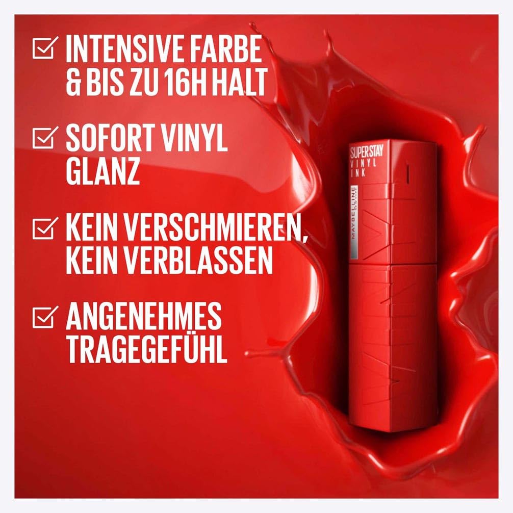 Detalle 2 de Maybelline New York Super Stay Vinyl Ink – flüssiger Lippenstift mit Vinyl-Glanz, 16H Halt & Nuance 10 Lippy (4,2 ml)