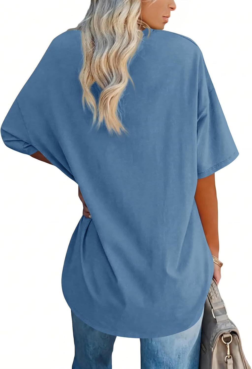 Detalle de Ebifin T-shirt oversized pour femme à col en V – Gris/Bleu, taille L