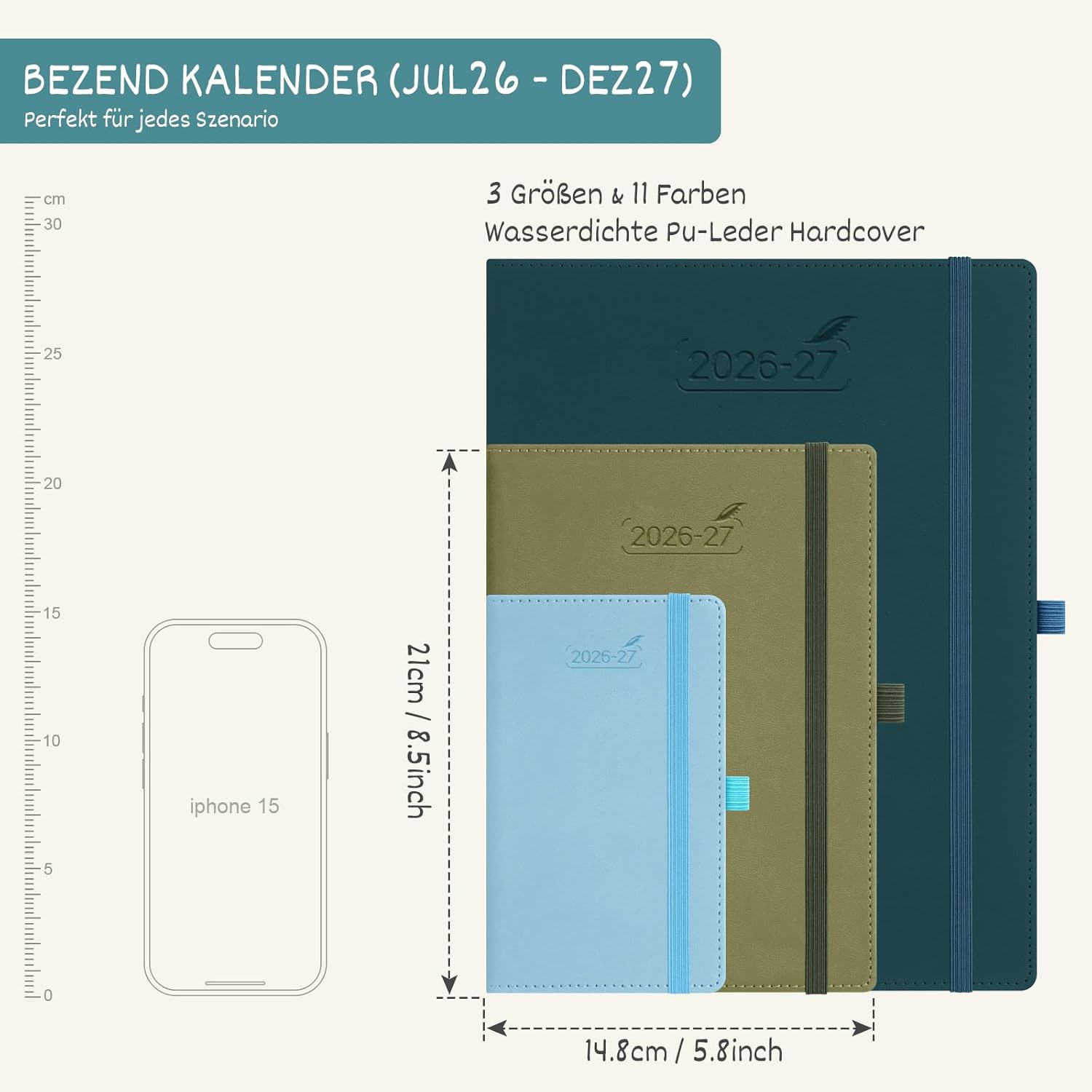 Thumbnail 5 de BEZEND Kalender 2026/2027 Wochenplaner A5 – Dunkelgrün, PU-Leder Hardcover, 18 Monate Juli 2026 bis Dez 2027