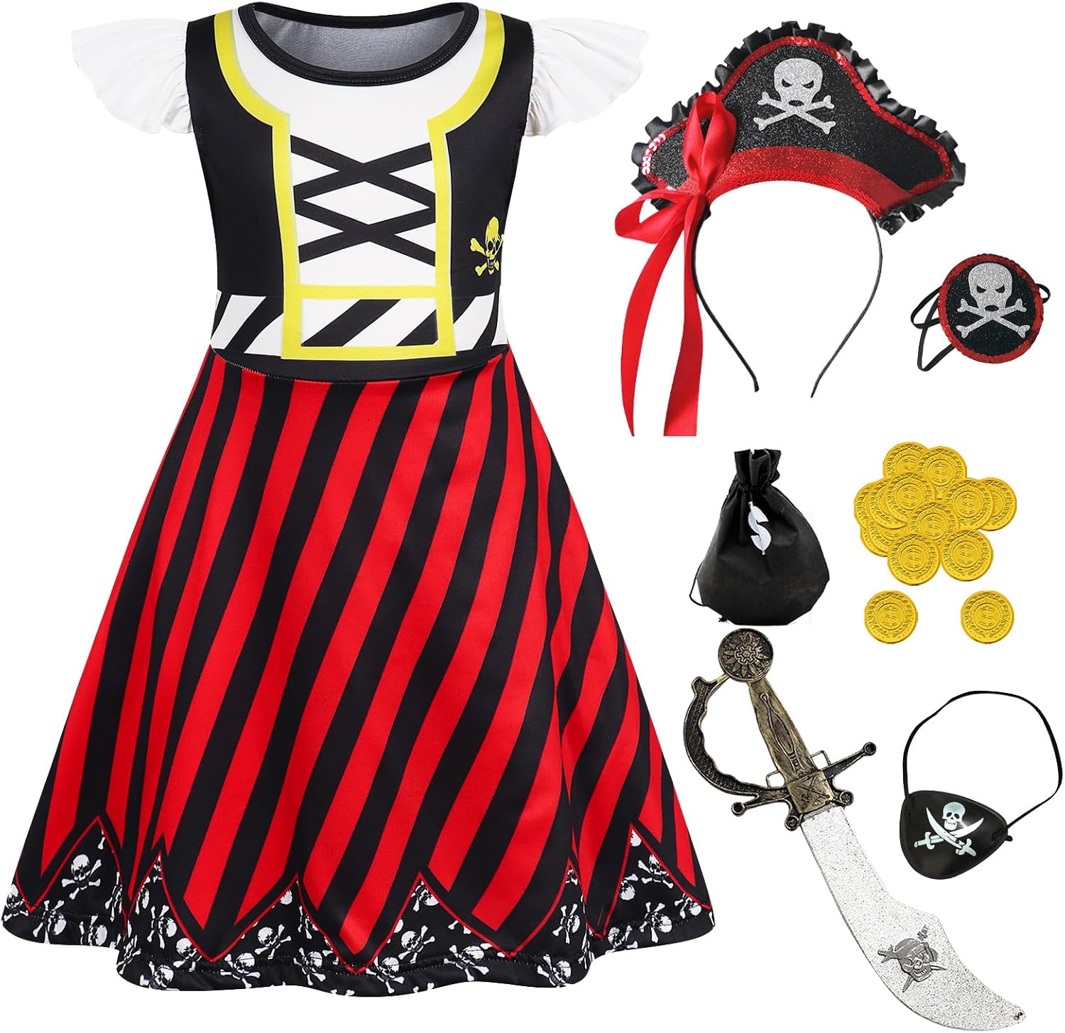 Detalle de Eledobby Girls Pirate Costume Dress, Knee-Length Cartoon Print with Flutter Sleeves