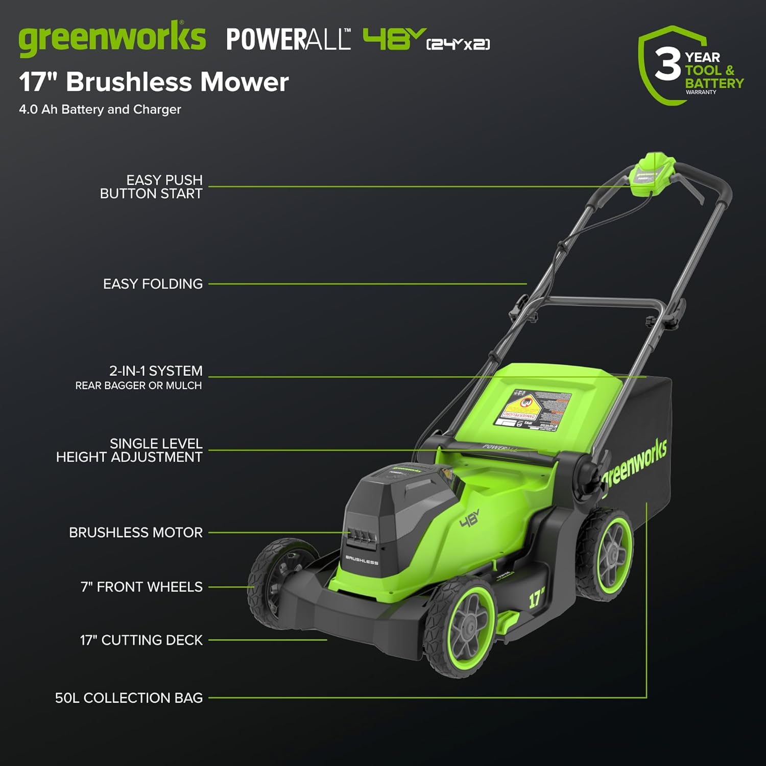 Thumbnail 1 de Greenworks 48V (24V x 2) tondeuse électrique sans fil MO48L422-01 – 41 cm, sac 40 L