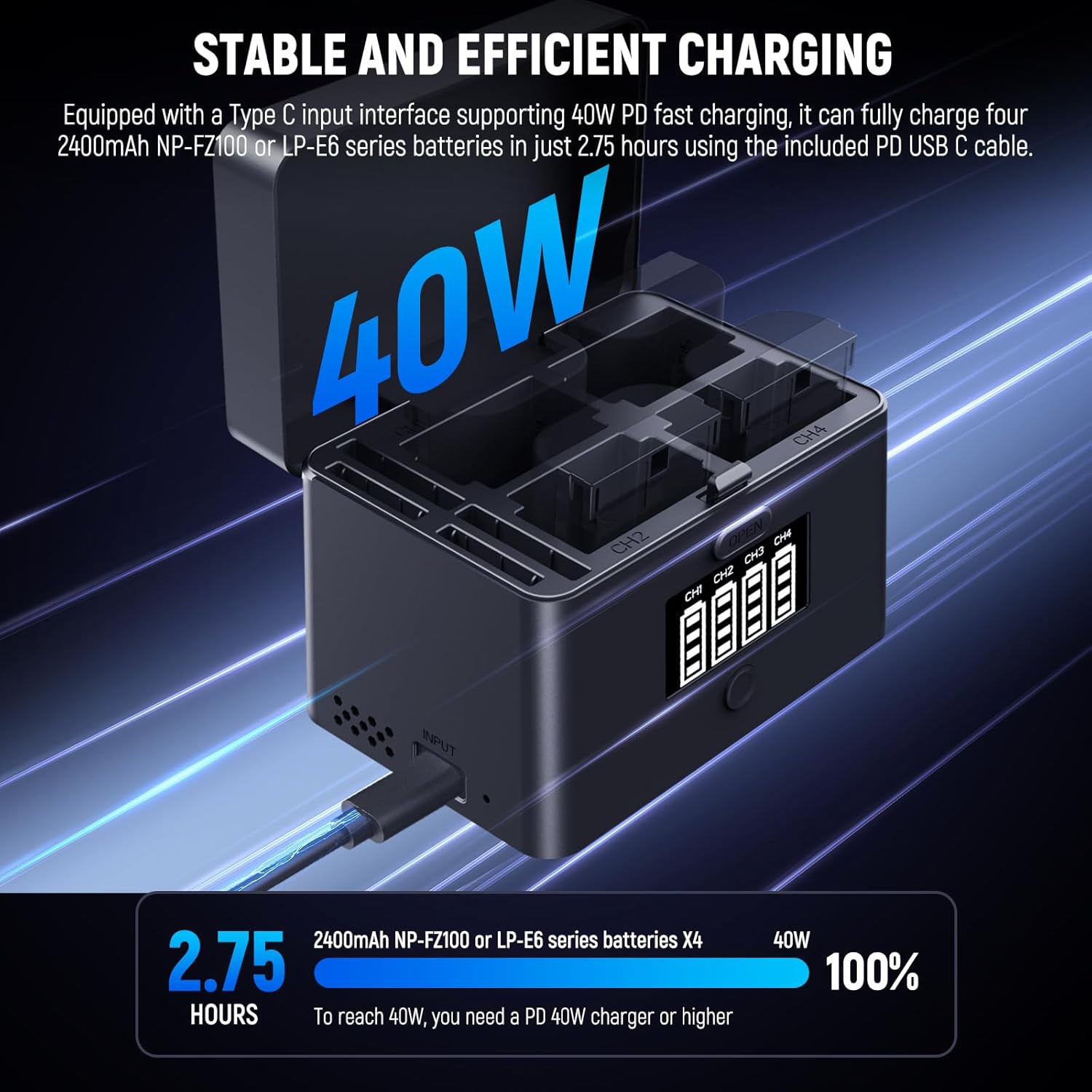 Thumbnail 2 de NEEWER NW-ZP4 caricabatterie USB 2in1 a 4 canali per NP-FZ100 e LP-E6 fino a 40W