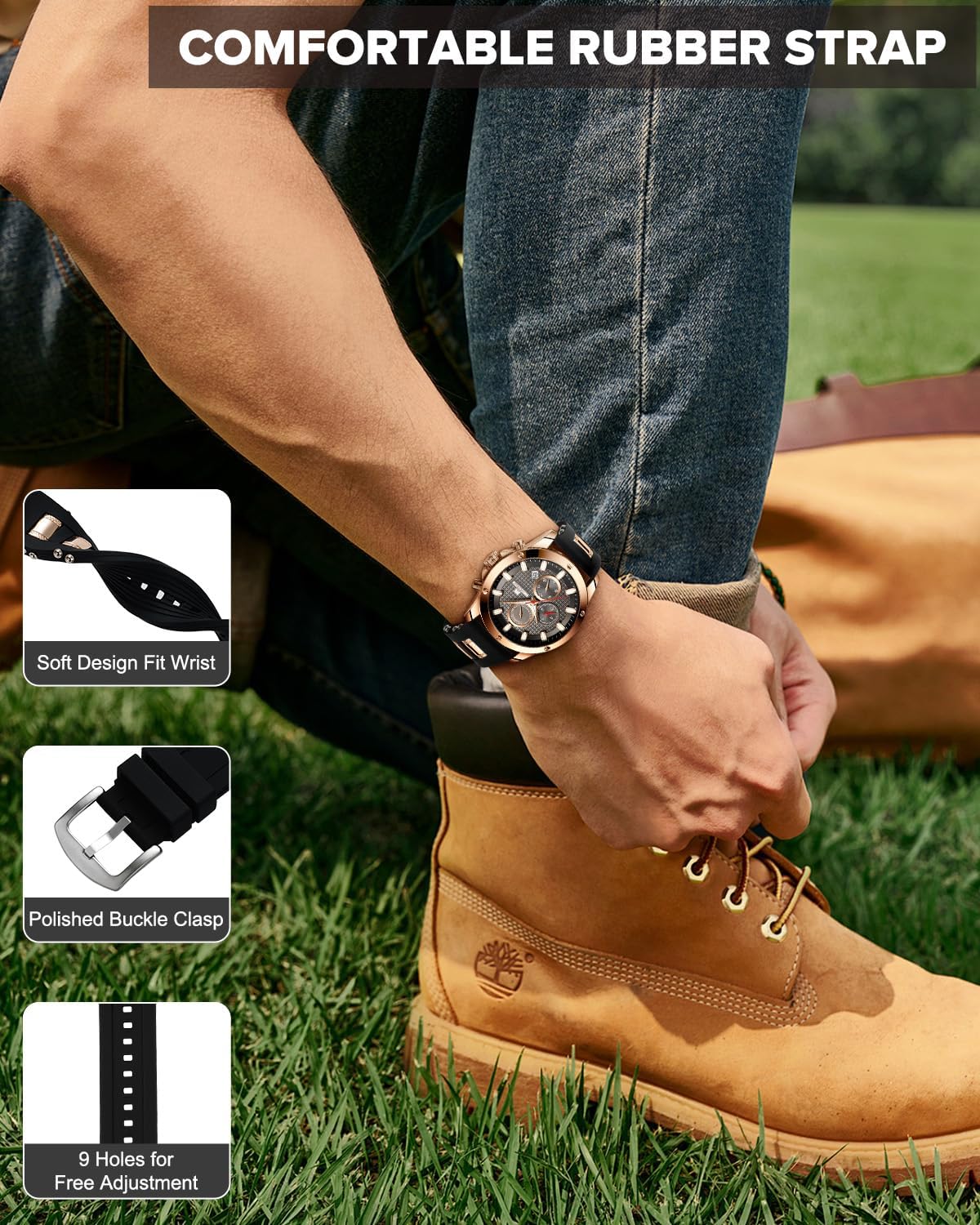 Detalle de MEGALITH Mens Watches Chronograph: Waterproof, Luminous, Rubber Strap Quartz Watch