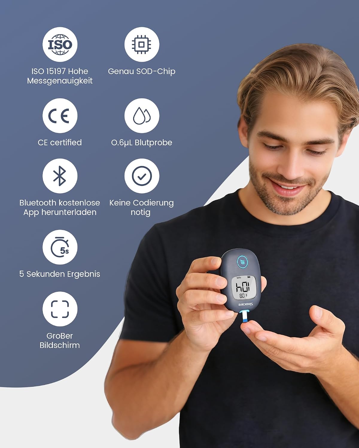 Detalle de Sinocare Blutzuckermessgerät Bluetooth mit App – Klinische Präzision, Nachprobenahme in 5 Sekunden