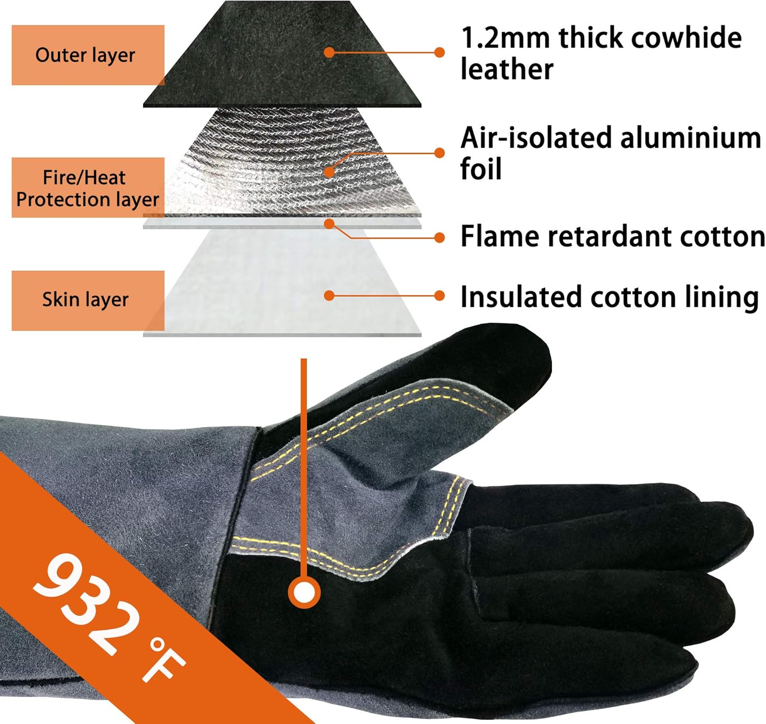 Thumbnail 1 de WZQH 40CM 500℃ Lederschmiede-Schweißhandschuhe L