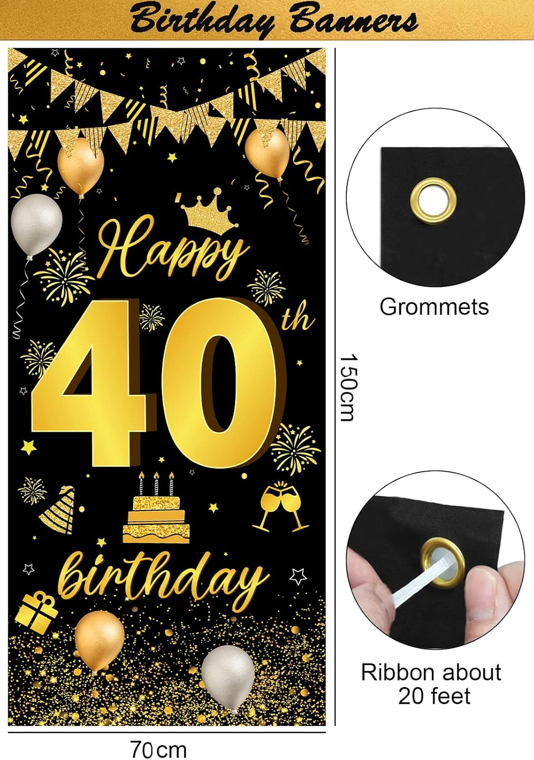 Thumbnail 1 de 40th Birthday Balloons & Decorations (Gold and Black) – Banner, Bunting, Foil Number 40 and Confetti Balloons