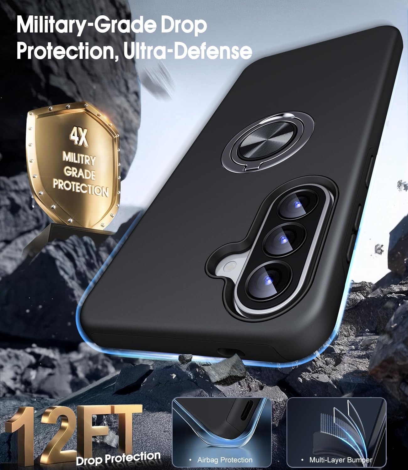 Thumbnail 5 de AOUIA case for Samsung Galaxy A57 5G with 2-pack screen protector, 360° rotating ring kickstand – Black