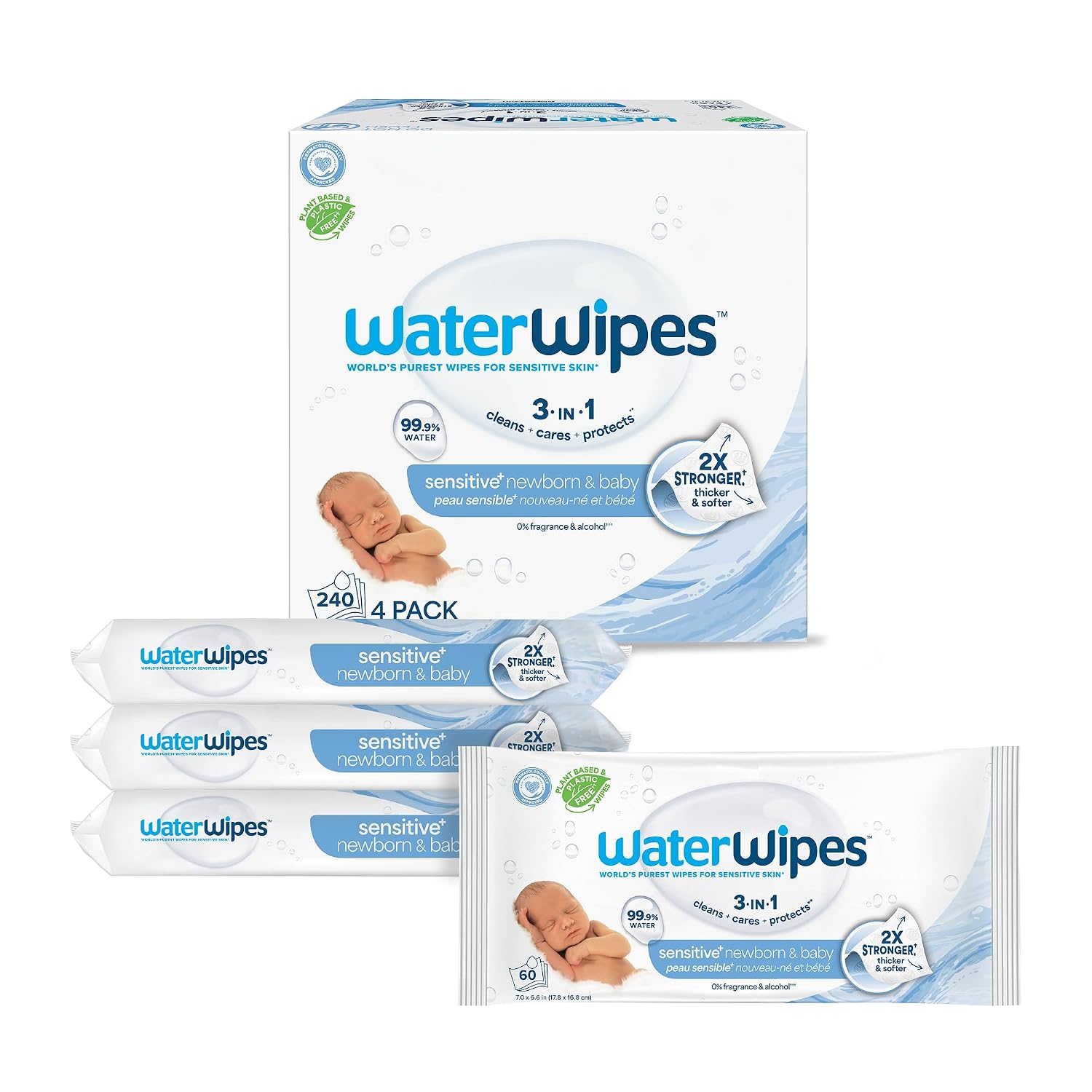 WaterWipes Sensitive+ Newborn & Baby Wipes, 240 Count (4 Packs) - 99.9% Water, Unscented, Hypoallergenic