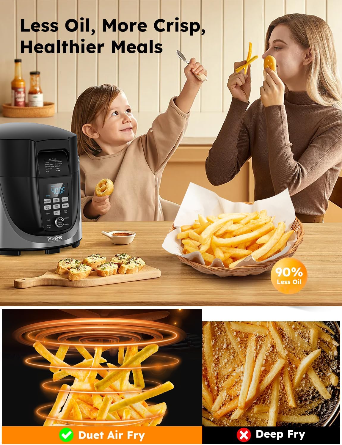 Detalle de Nuwave Duet Air Fryer, Electric Pressure Cooker & Grill Combo (540 1 Multicooker, 3 Removable Lids, 18/10 SS Pot)