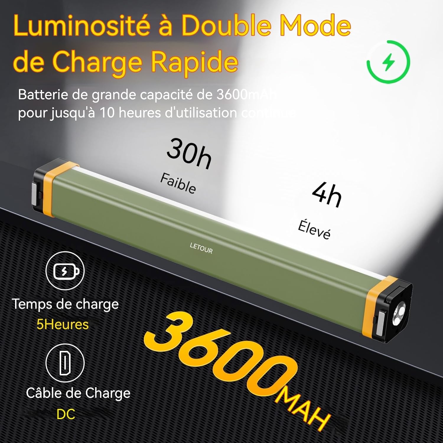 Detalle de Barre lumineuse magnétique pour tente – lampe de camping rechargeable 4 modes, 400 lumens, USB et 1200 mAh