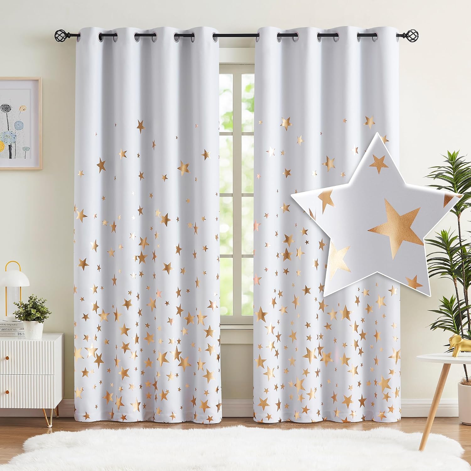 Detalle de White Gold Blackout Curtains for Bedroom – 2 x 50x72 Panels with Silver Grommets