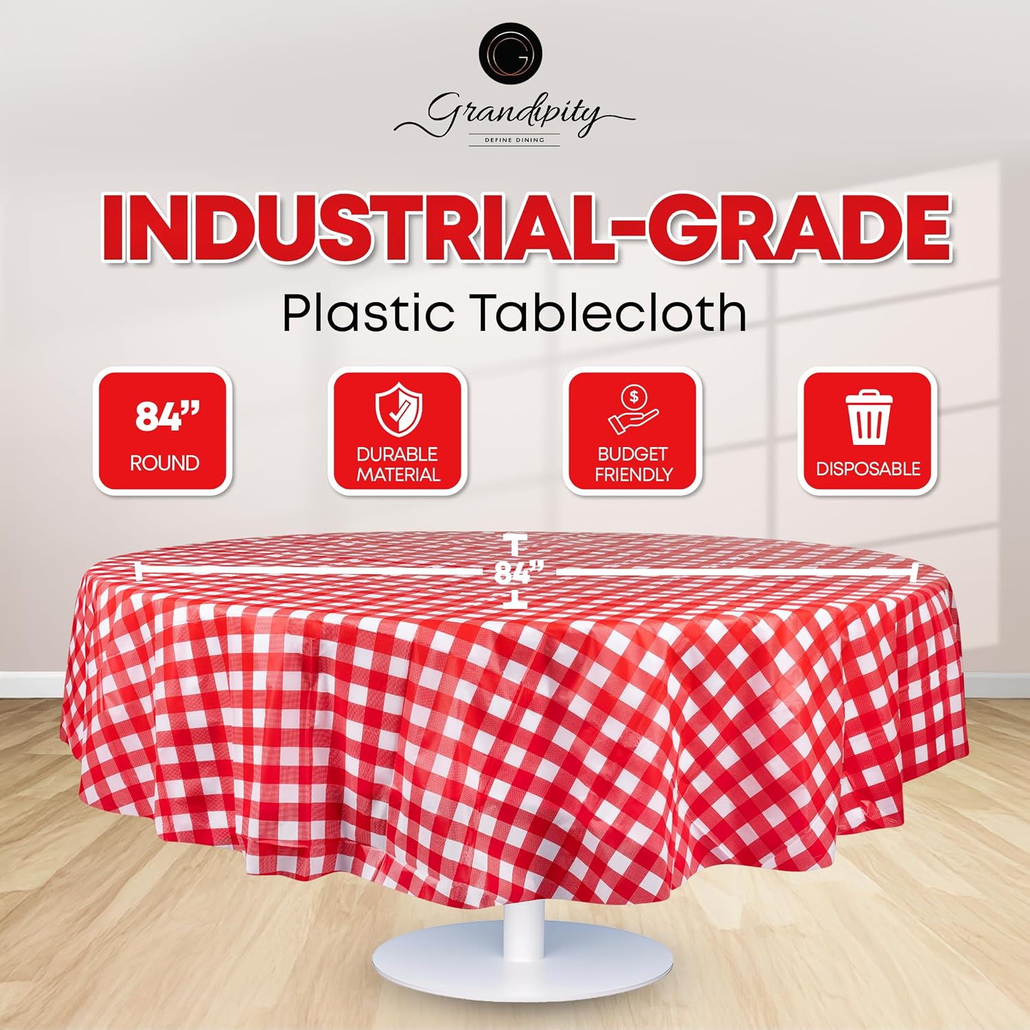 Thumbnail 1 de Grandipity 12 Pack Premium Disposable 84" Round Checkered Tablecloth – Red Ginghams