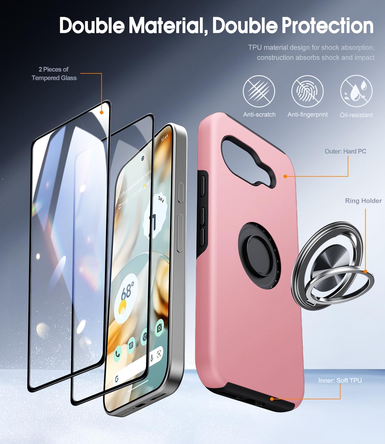 Detalle 2 de AOUIA 360° Metal Ring Stand Case (2-pack tempered glass screen protectors) for Google Pixel 9A, Pink
